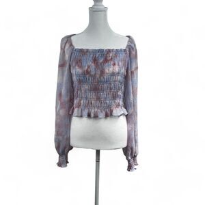 Pink Blue Babydoll Crop Top Smocked Ruffle Sz S Fairy Puff Sleeve Milk Maid